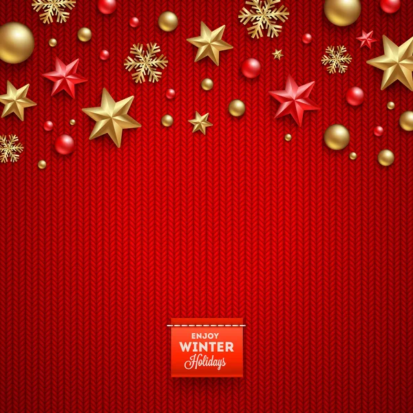 Різдвяний векторний дизайн - святкові прикраси та ярлик на в'язаному червоному тлі — стоковий вектор