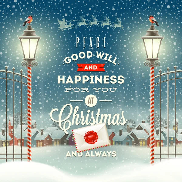 Christmas greeting type design with vintage street lantern against a evening rural winter landscape - holidays vector illustration — Stock Vector