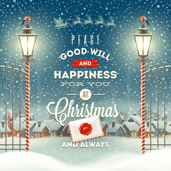 Рождественский дизайн с винтажным фонариком против вечернего зимнего пейзажа - векторная иллюстрация праздников
