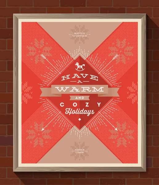 Winter holidays greeting poster in wooden frame on a brick wall - Christmas type design with sunburst rays and knitted pattern. Vector illustration — Stock Vector