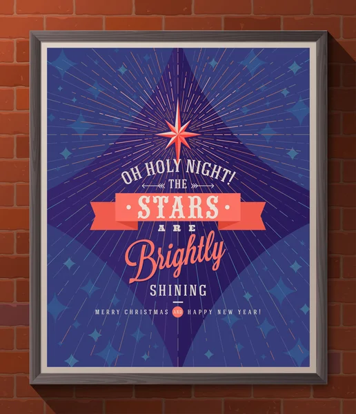 Holidays type design with christmas star and sunburst rays - Poster in wooden frame on a brick wall. Vector illustration — Stock Vector