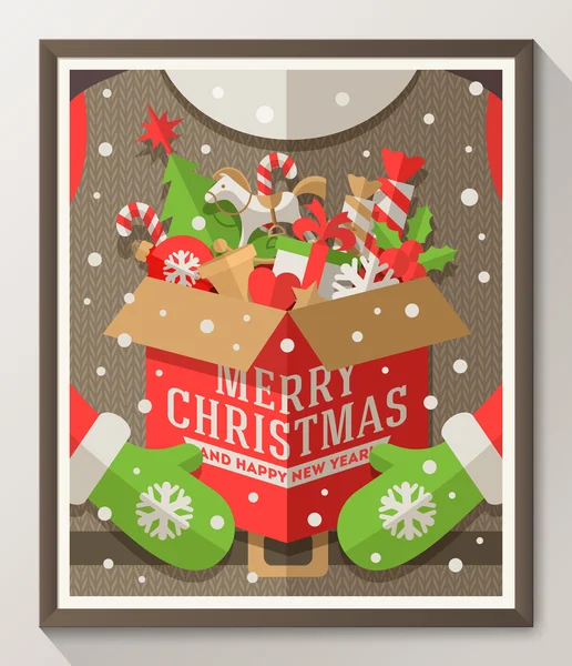 Santa Claus manos sosteniendo una caja con juguetes de Navidad, regalos y dulces - Cartel de estilo plano de vacaciones en marco de madera. Ilustración vectorial — Vector de stock