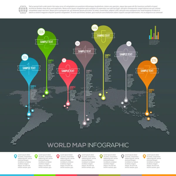 Παγκόσμιο χάρτη infographic με χάρτη δείκτες - πρότυπο φορέα σχεδιασμού — Διανυσματικό Αρχείο