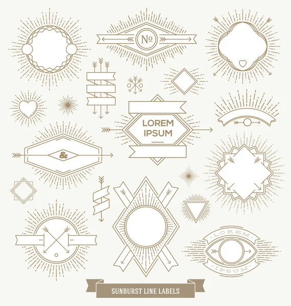 Vector set of line design emblem, sign and hipster labels with sunburst rays — Stock Vector
