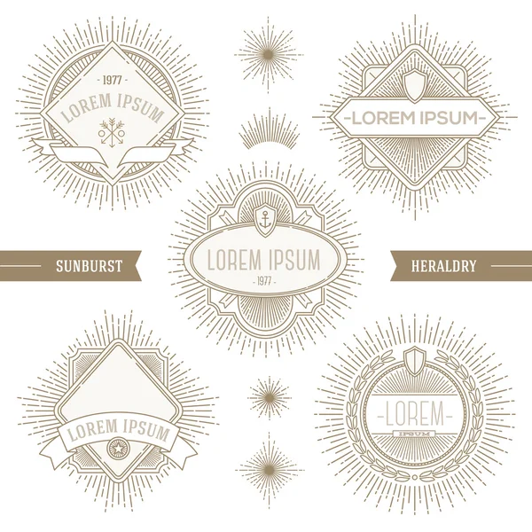 Vector set of line heraldic emblems and  labels with sunburst rays — Stock Vector