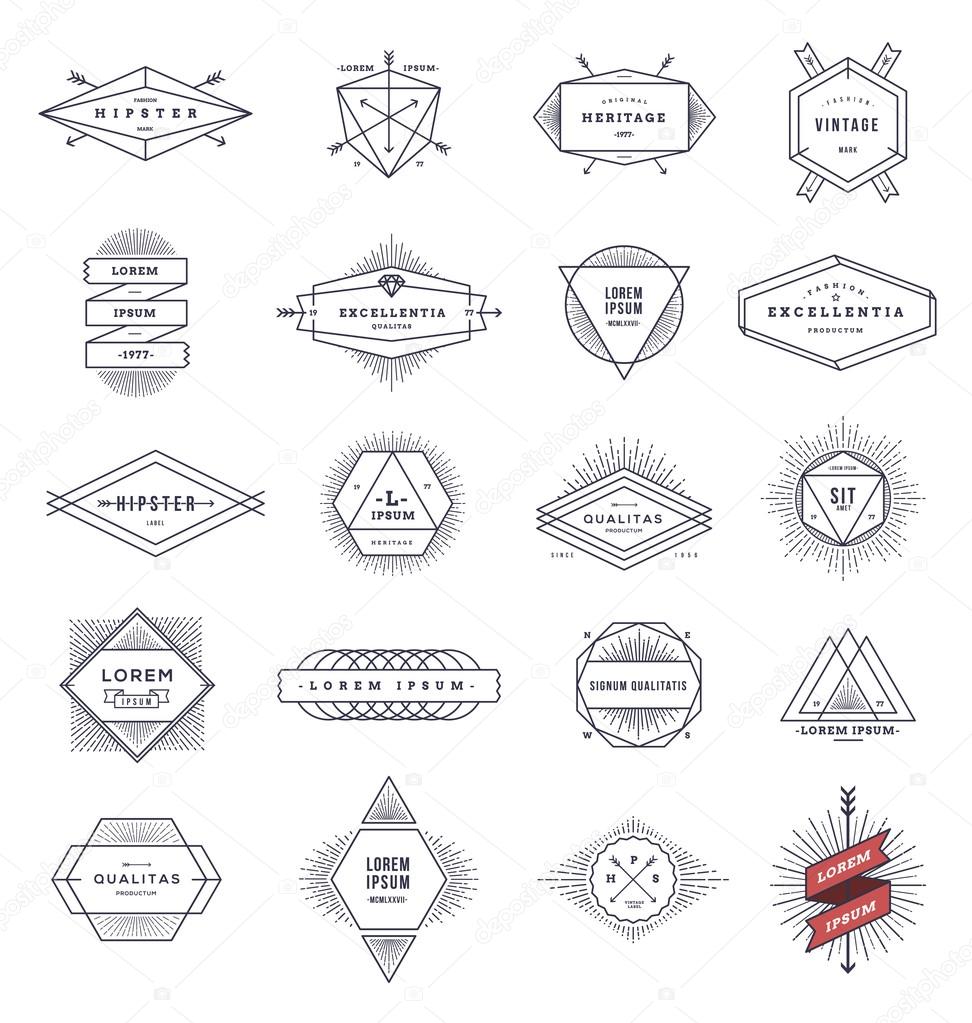 Set of hipster line emblems and signs with sunburst - vector illustration