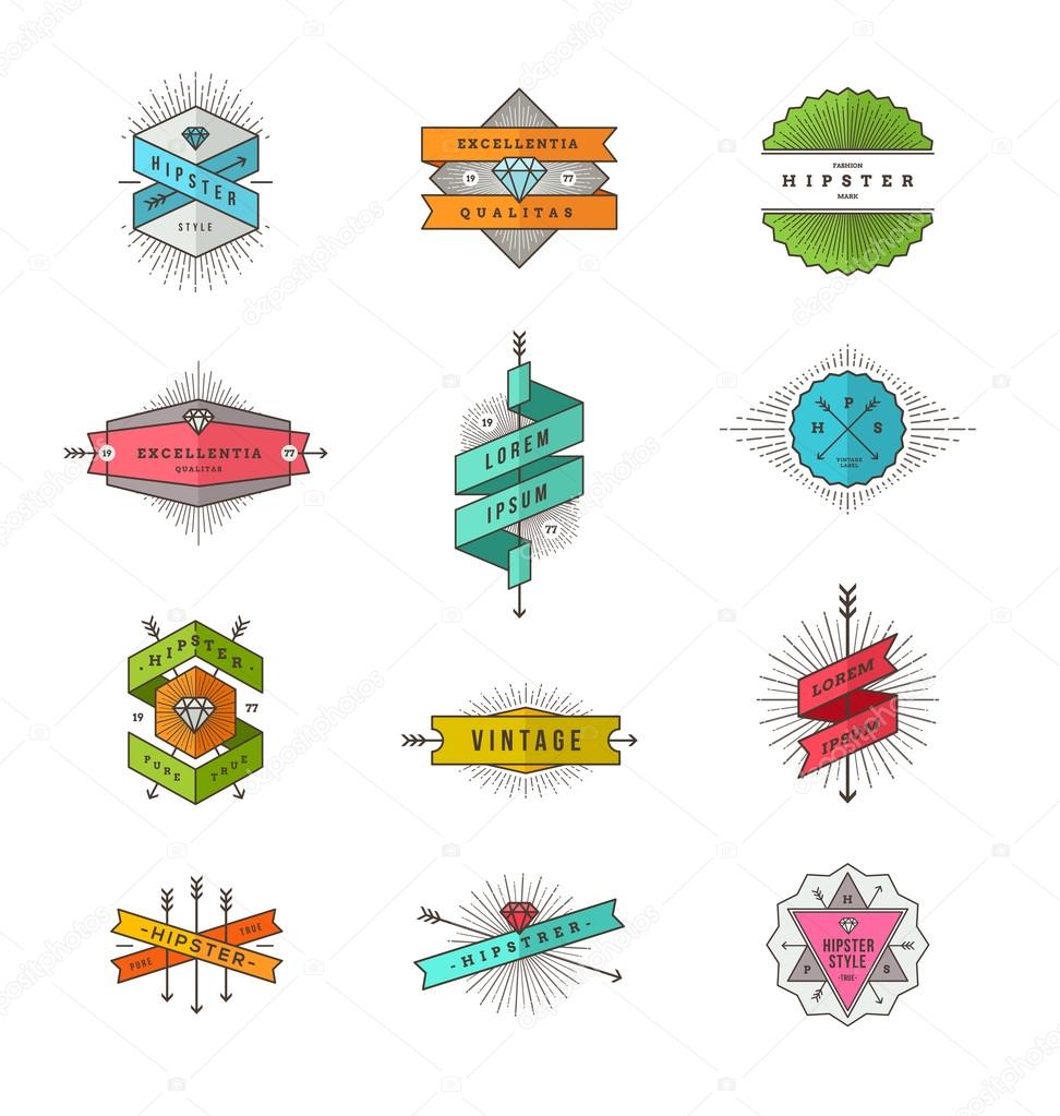 Vector set of colored hipster line signs and emblems