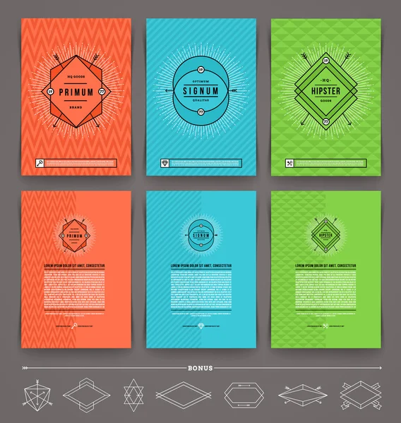 Ilustración vectorial - conjunto de diseño de página de folleto de plantilla abstracta con emblema hipster dibujado en línea — Vector de stock