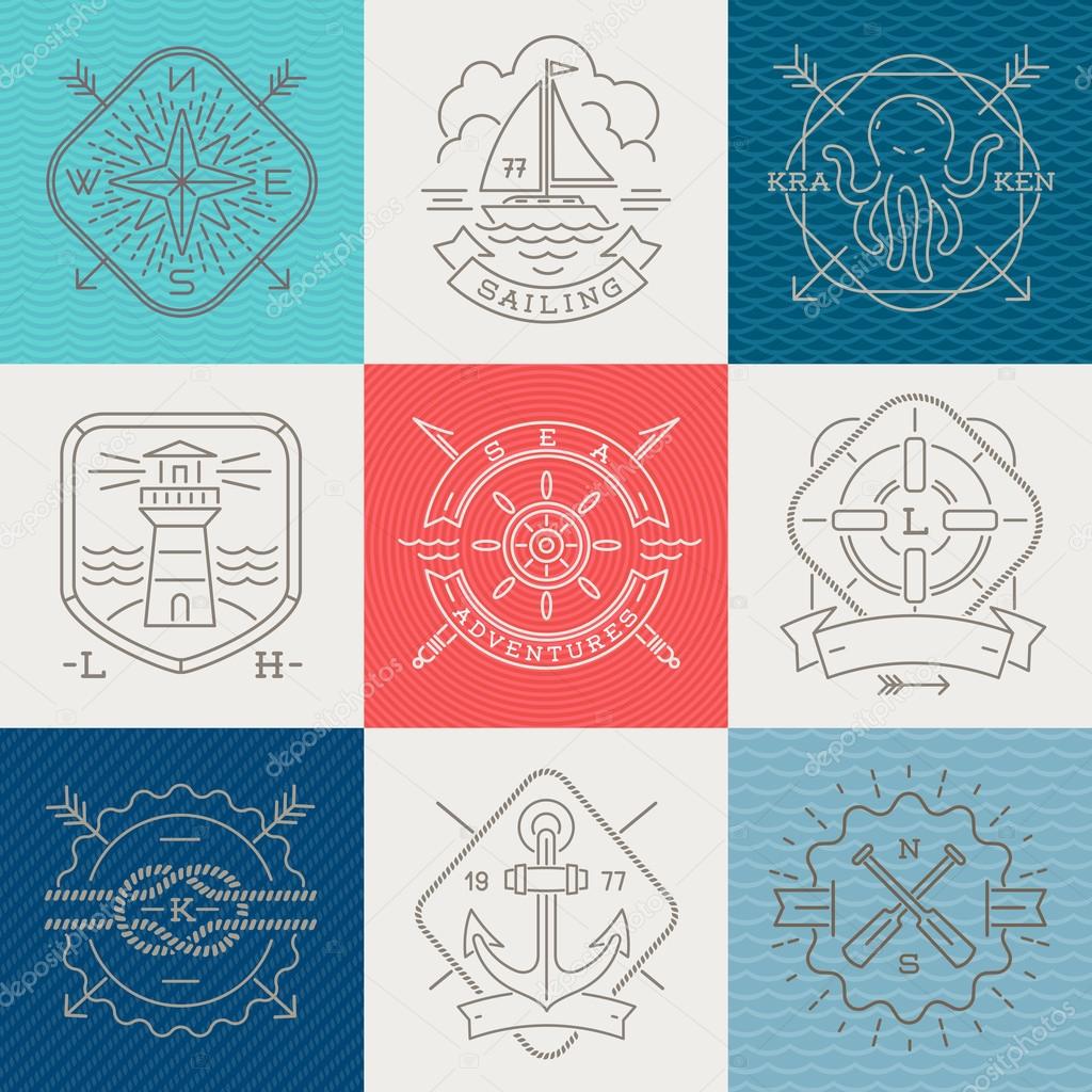 Nautical, adventures and travel emblems signs and labels - Line drawing vector illustration