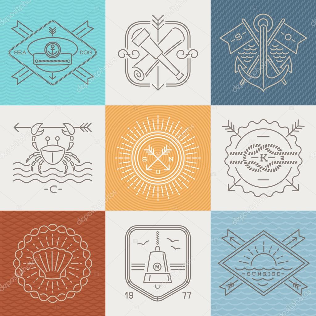 Adventures, nautical and travel emblems signs and labels - Line drawing vector illustration