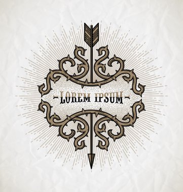Hat sanat dövme stil vektör amblem - buruşuk kağıt arka plan üzerinde ok ve sunburst ışınları ile dikenler çerçeve