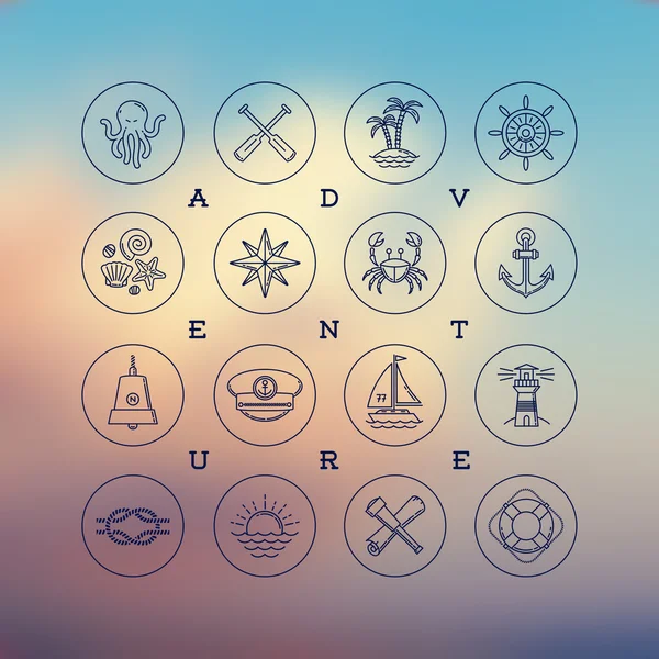 Icone vettoriali di disegno a linee - viaggi, avventure e segni e simboli nautici — Vettoriale Stock
