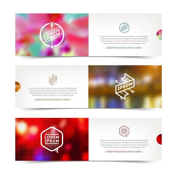Abstract vector horizontal banners with hipster emblems and defocused background — Stock Vector