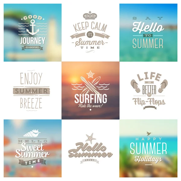 Vector set of travel and vacation type emblems and symbols on a defocused backgrounds — Stock Vector