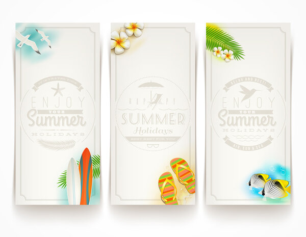 Travel and vacation vector banners with type design emblems