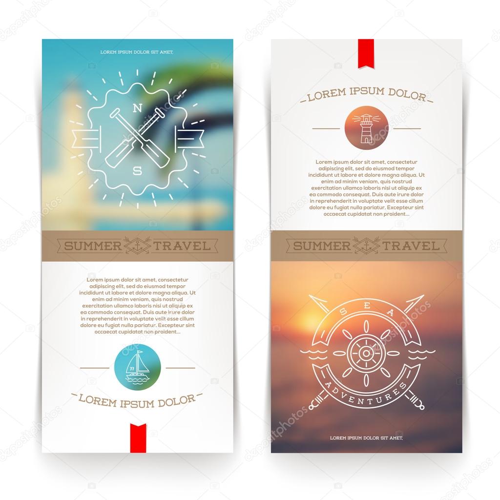 Vector vertical banners with line drawing Nautical and travel signs and emblems