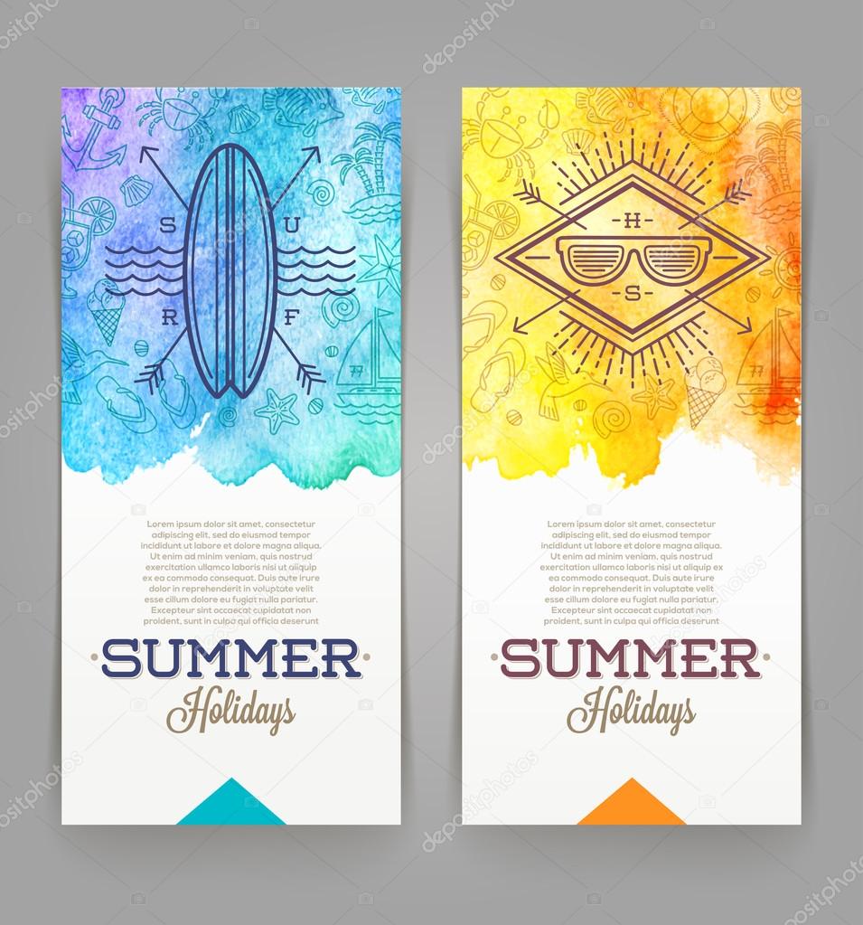 Summer holidays and travel banners with line drawing hipster emblems - vector illustration