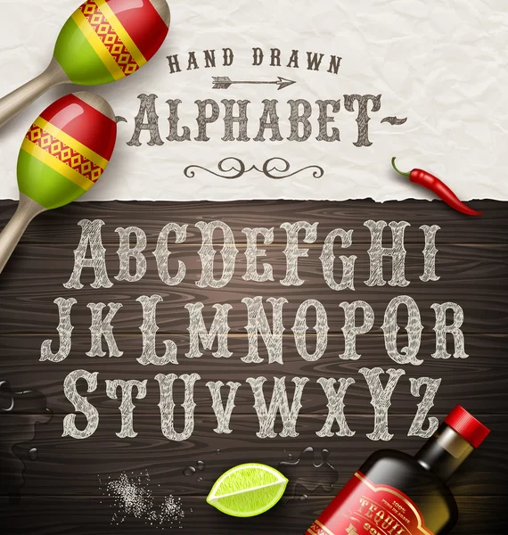 Vector hand drawn vintage alphabet - old mexican signboard style font — Stock Vector