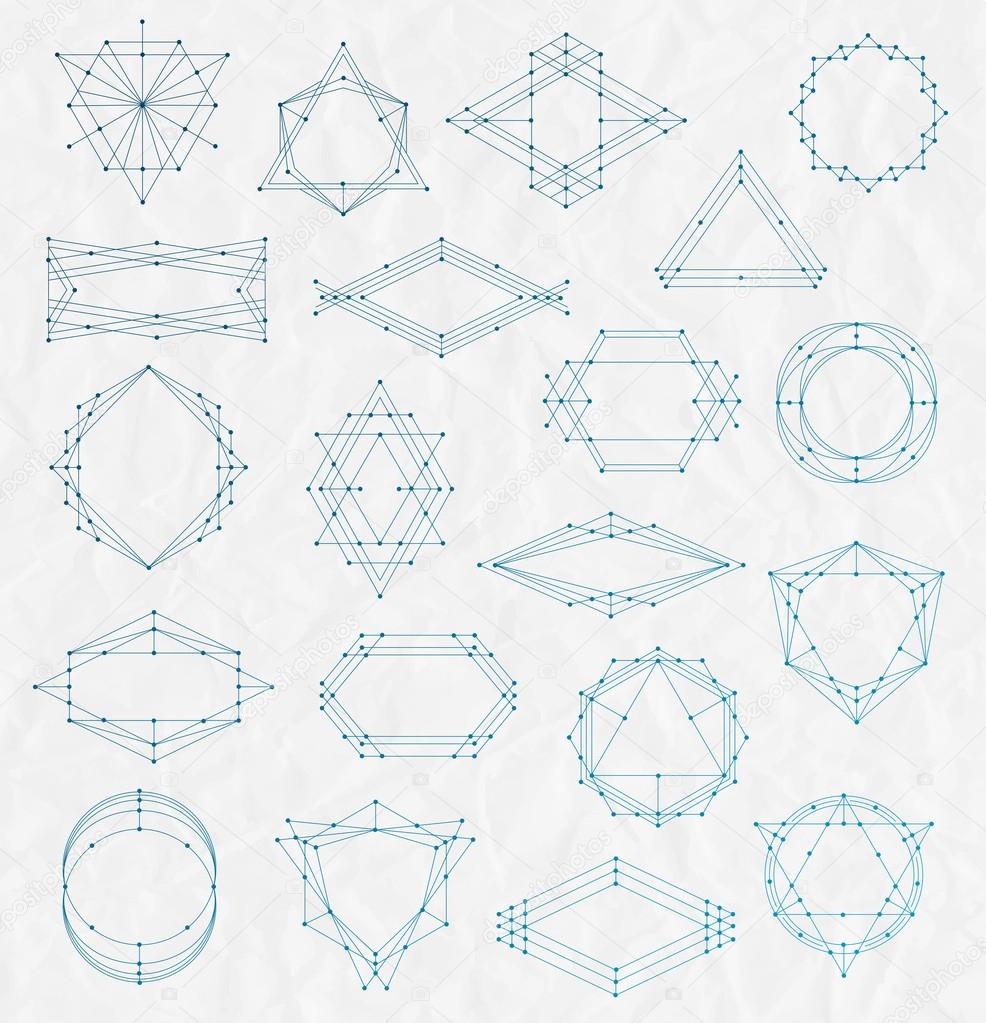 Vector Set of Line art hipster frames on a creased paper background