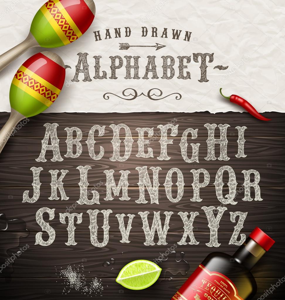 Vector hand drawn vintage alphabet - old mexican signboard style font