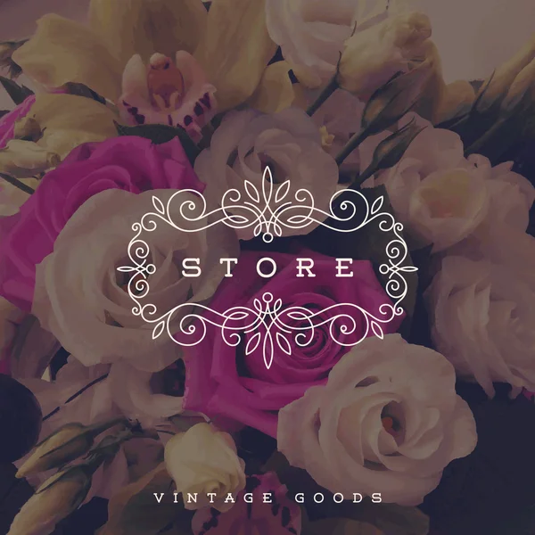 Illustration vectorielle - Modèle de logo Store avec fleurit calligraphique élégant cadre d'ornement sur un fond de fleurs — Image vectorielle