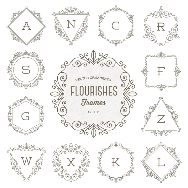 Conjunto de modelo de logotipo monograma com floresce quadros ornamento elegantes caligráficos - ilustração vetorial — Vetor de Stock