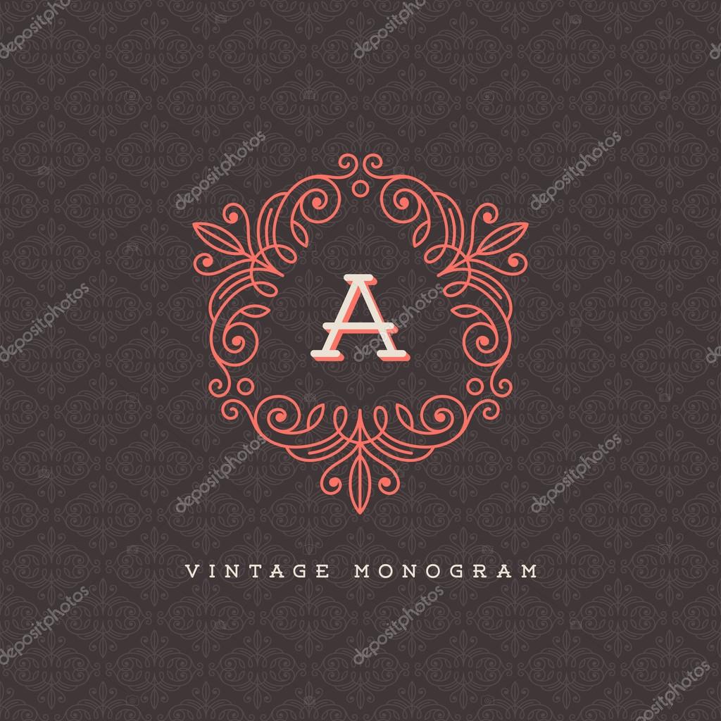Vector vintage monogram logo template - flourishes calligraphic frame with letter on a ornamental pattern background