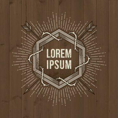 Soyut hanedan hat sanat amblemi ile imkansız şekli, oklar, diken ve sunburst ahşap antika arka plan - vektör çizim üzerinde