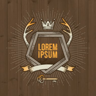 Soyut heralic hat sanat amblemi ile imkansız şekli, geyik boynuzları, taç, anahtar ve sunburst ahşap antika arka plan - vektör çizim üzerinde