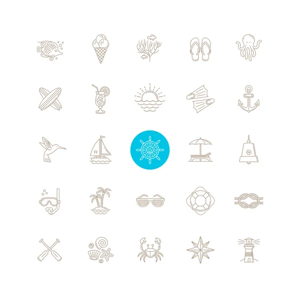 Línea de dibujo vector icono conjunto vacaciones de verano, vacaciones y emblemas de viaje signos y símbolos — Vector de stock