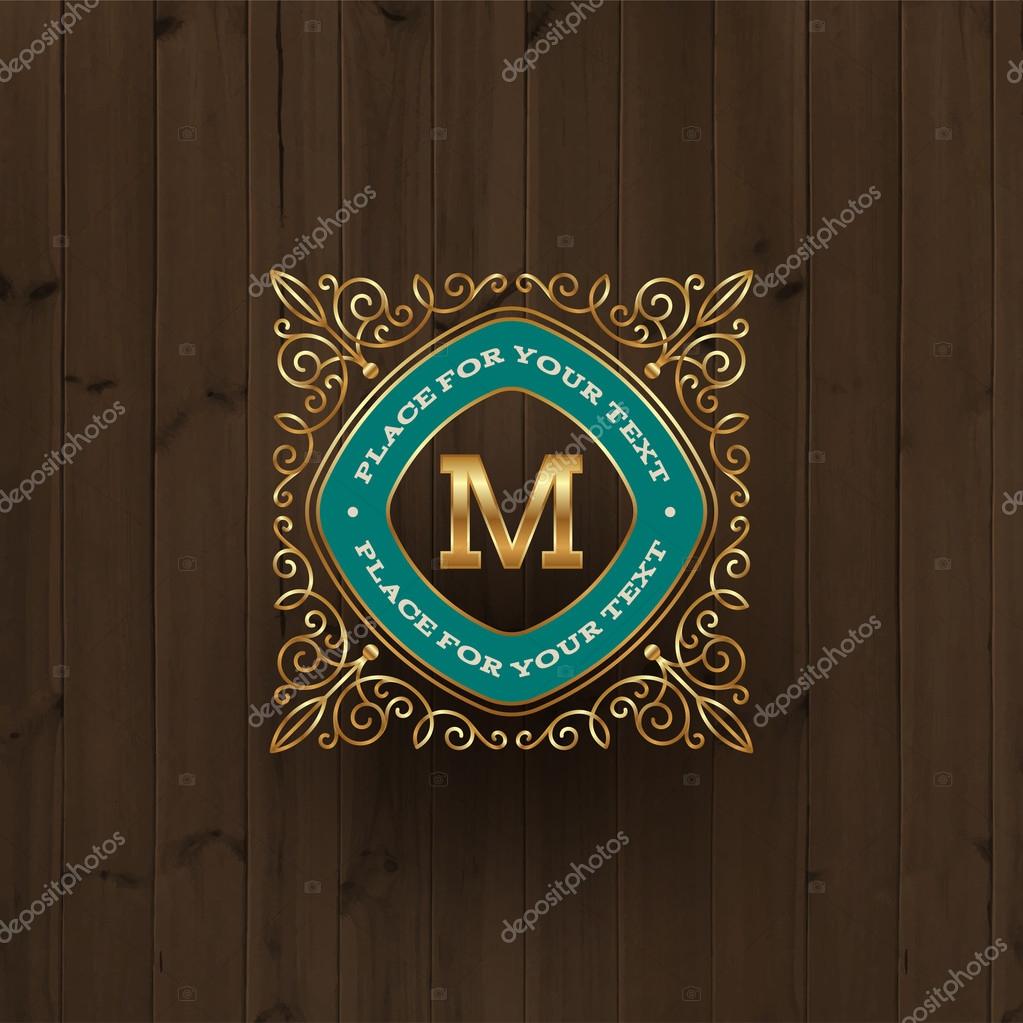 Golden monogram logo template with flourishes calligraphic elegant ornament elements on a vintage wooden background. Identity design with letter for cafe, shop, store, restaurant, boutique, hotel, heraldic, fashion and etc.