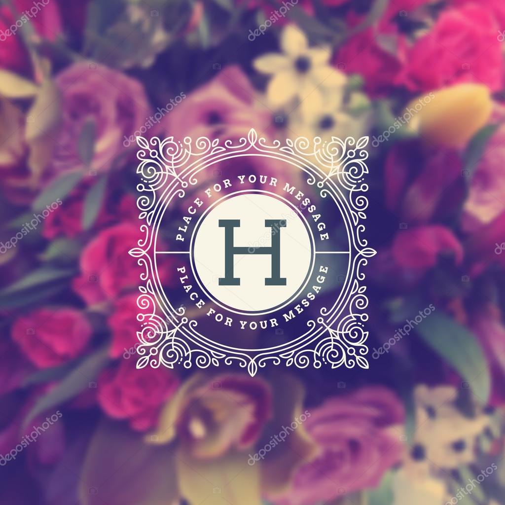 Vintage monogram logo template with flourishes calligraphic elegant ornament elements on a blurred flowers background. Identity design with letter for cafe, shop, store, restaurant, boutique, hotel, heraldic, fashion and etc.