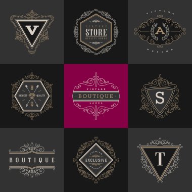 Monogram logo şablonu flourishes kaligrafi zarif süsleme elemanları ile kümesi. Kimlik tasarımı kafe, dükkan, mağaza, Restoran, butik, otel, Hanedan, mektup ile moda ve vb.