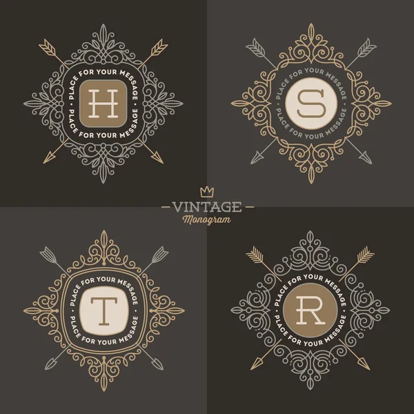 Set de plantillas monogram logo con adornos caligráficos y elegantes. Diseño de identidad con carta para cafetería, tienda, tienda, restaurante, boutique, hotel, heráldico, moda y etc. . — Archivo Imágenes Vectoriales