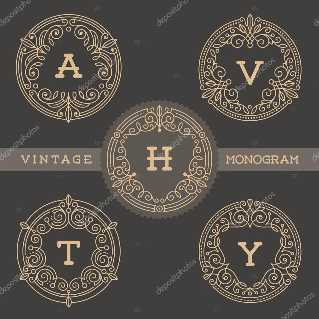 Set of monogram logo template with flourishes calligraphic elegant ornament elements. Identity design with letter for cafe, shop, store, restaurant, boutique, hotel, heraldic, fashion and etc.