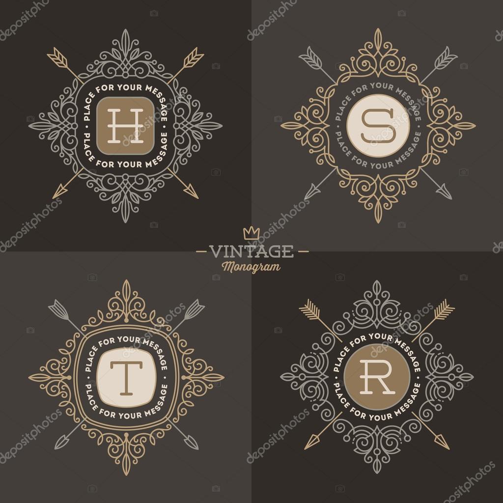 Set of monogram logo template with flourishes calligraphic elegant ornament elements. Identity design with letter for cafe, shop, store, restaurant, boutique, hotel, heraldic, fashion and etc.