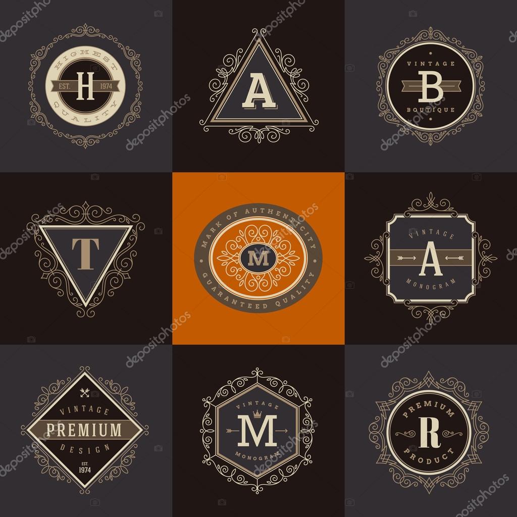 Set of monogram logo template with flourishes calligraphic elegant ornament elements. Identity design with letter for cafe, shop, store, restaurant, boutique, hotel, heraldic, fashion and etc.