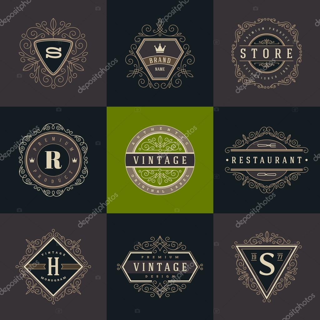 Set of monogram logo template with flourishes calligraphic elegant ornament elements. Identity design with letter for cafe, shop, store, restaurant, boutique, hotel, heraldic, fashion and etc.