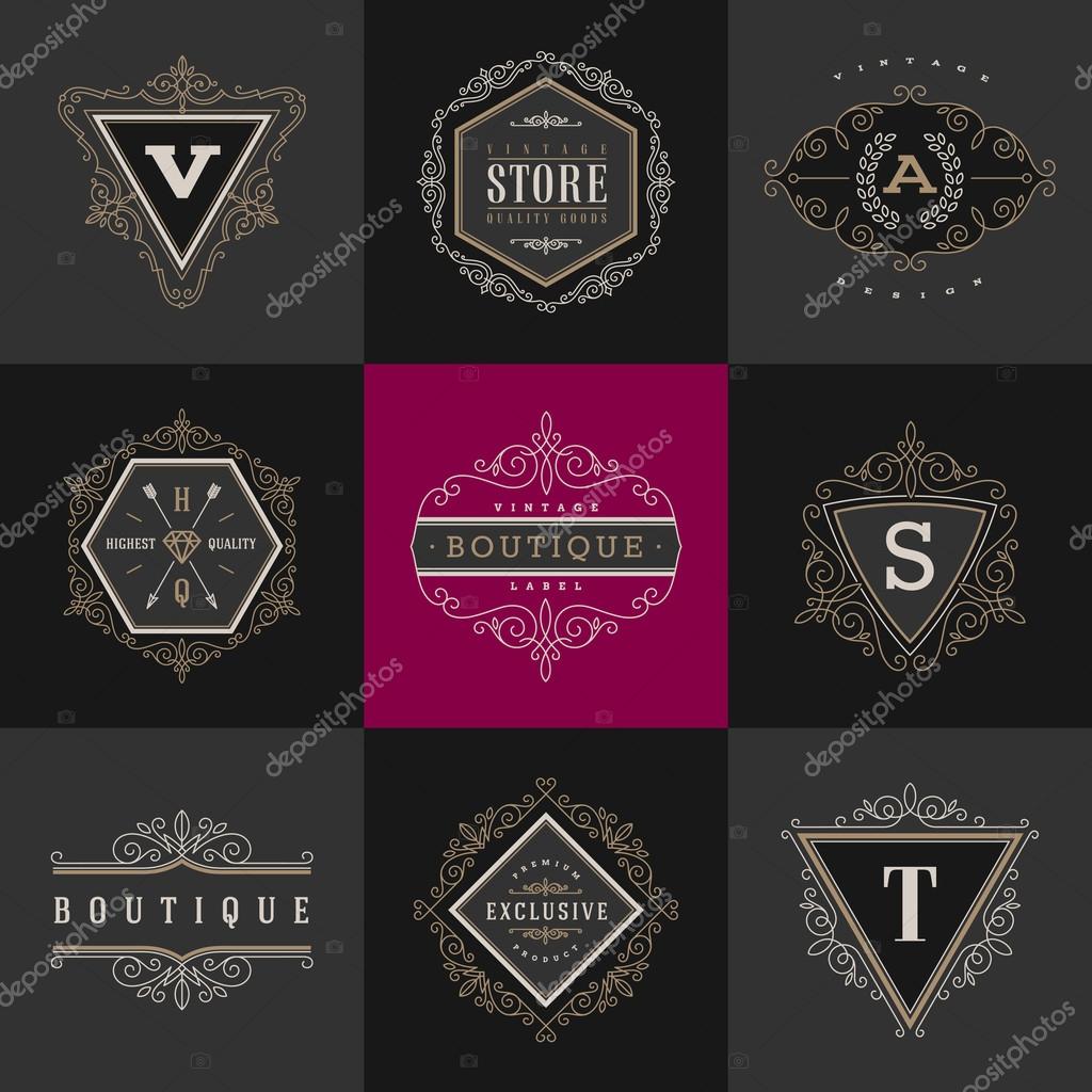 Set of monogram logo template with flourishes calligraphic elegant ornament elements. Identity design with letter for cafe, shop, store, restaurant, boutique, hotel, heraldic, fashion and etc.