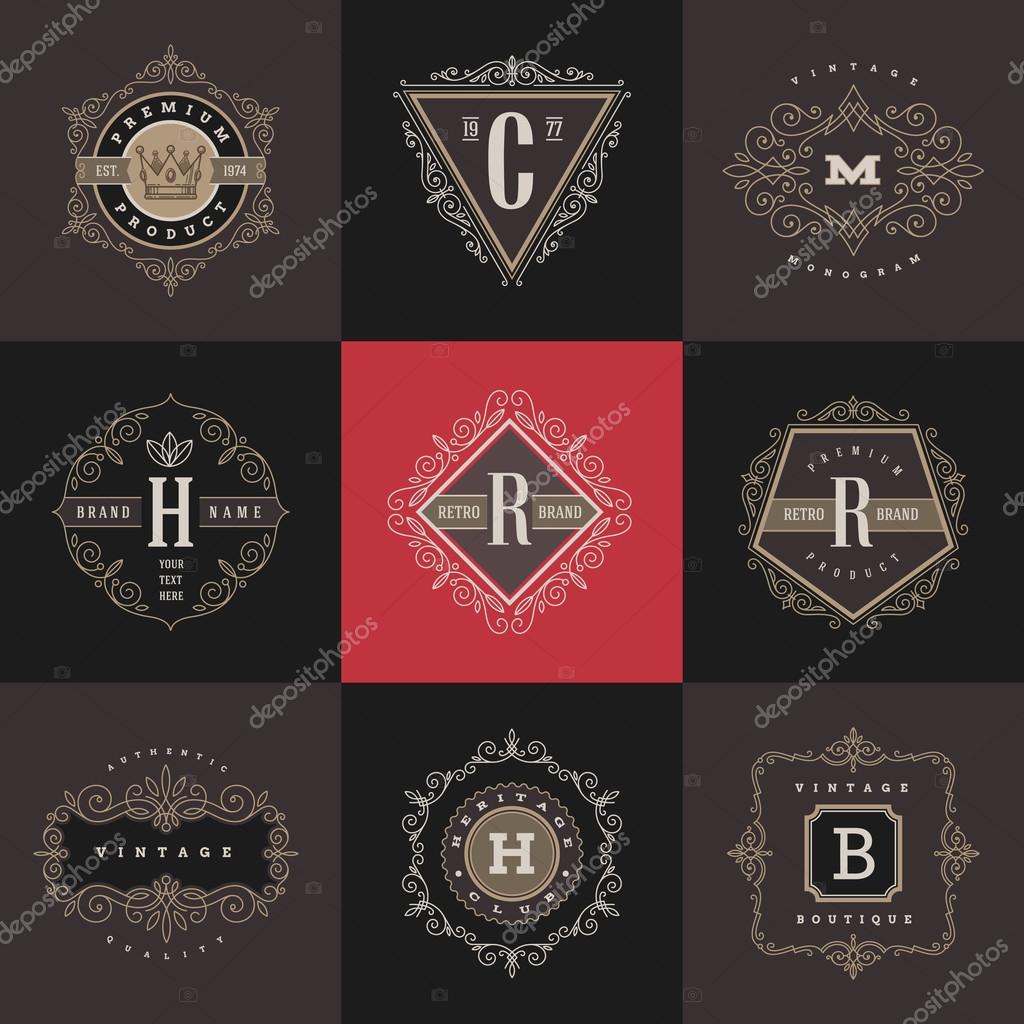 Set of monogram logo template with flourishes calligraphic elegant ornament elements. Identity design with letter for cafe, shop, store, restaurant, boutique, hotel, heraldic, fashion and etc.