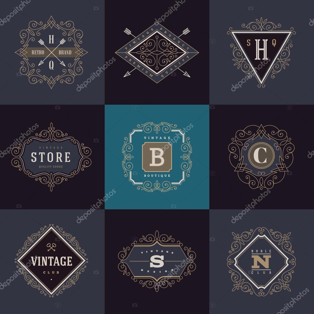 Set of monogram logo template with flourishes calligraphic elegant ornament elements. Identity design with letter for cafe, shop, store, restaurant, boutique, hotel, heraldic, fashion and etc.