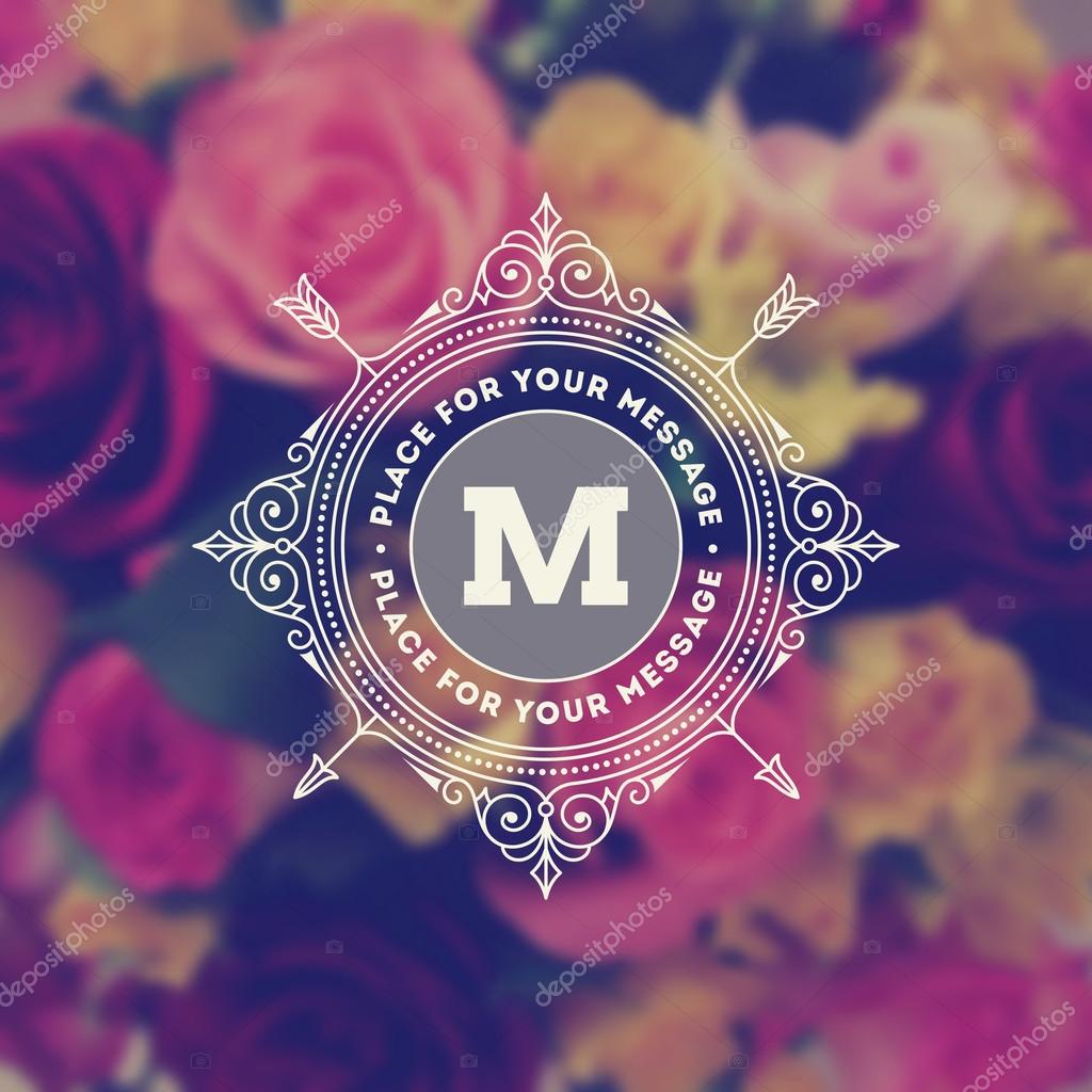 Vintage monogram logo template with flourishes calligraphic elegant ornament elements on a blurred flowers background. Identity design with letter for cafe, shop, store, restaurant, boutique, hotel, heraldic, fashion and etc.