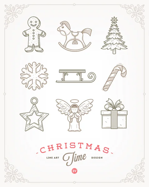 Line art vector illustration - Set of Christmas signs and symbols — Stock Vector