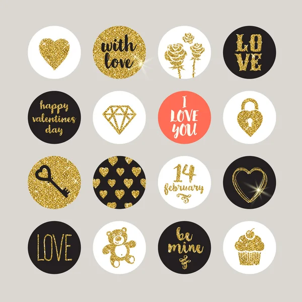 Set de vectores de vacaciones de San Valentín - elementos de diseño de oro brillo y letras — Archivo Imágenes Vectoriales