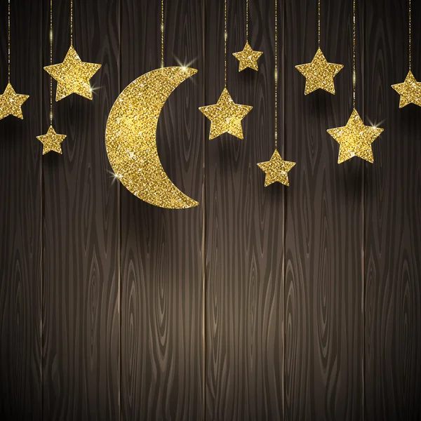 Glitter estrelas douradas e lua em um fundo de textura de madeira - ilustração vetorial — Vetor de Stock