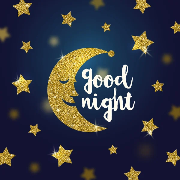 Доброї ночі побажання з блискучим золотим мультяшним місяцем і зірками Векторні ілюстрації — стоковий вектор