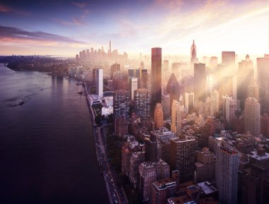 Картина, постер, плакат, фотообои "нью-йорк - красивый красочный закат над манхэттенскими солнечными лучами между зданиями постеры", артикул 55681901