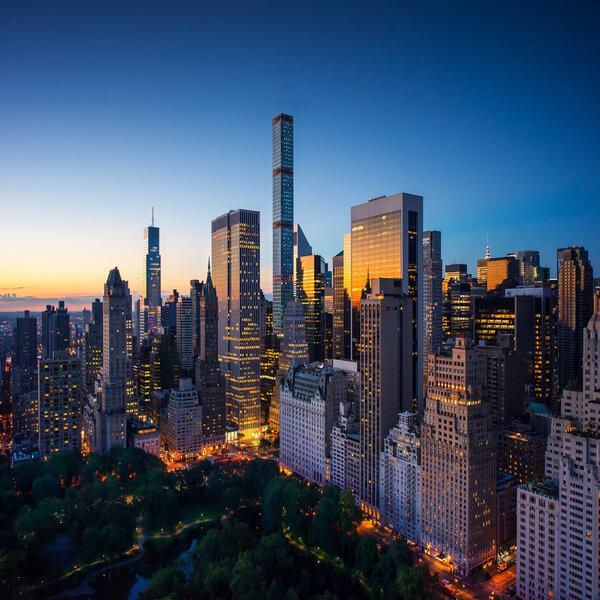New York city - amazing sunrise over central park and upper east side manhattan - Birds Eye - aerial view