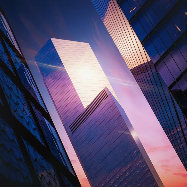 Terreno futurista con rascacielos con reflejo de sol al atardecer —  Fotos de Stock