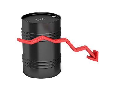 Petrol fiyatlarında düşüş, kırmızı ok ve petrol varilinde konsept görüntü